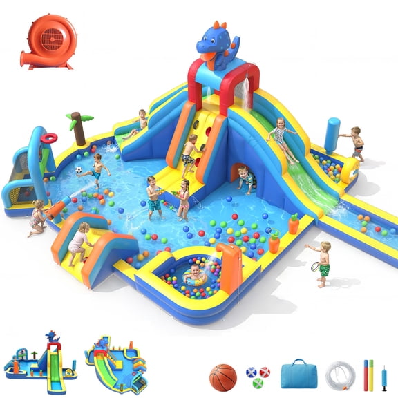 TULILLO 10 in 1 Inflatable Water Slide Kids Bounce House with Splash Pool & Water Gun & Basketball & Climbing Wall & Dual Pools & Soccer,750W Air Blower