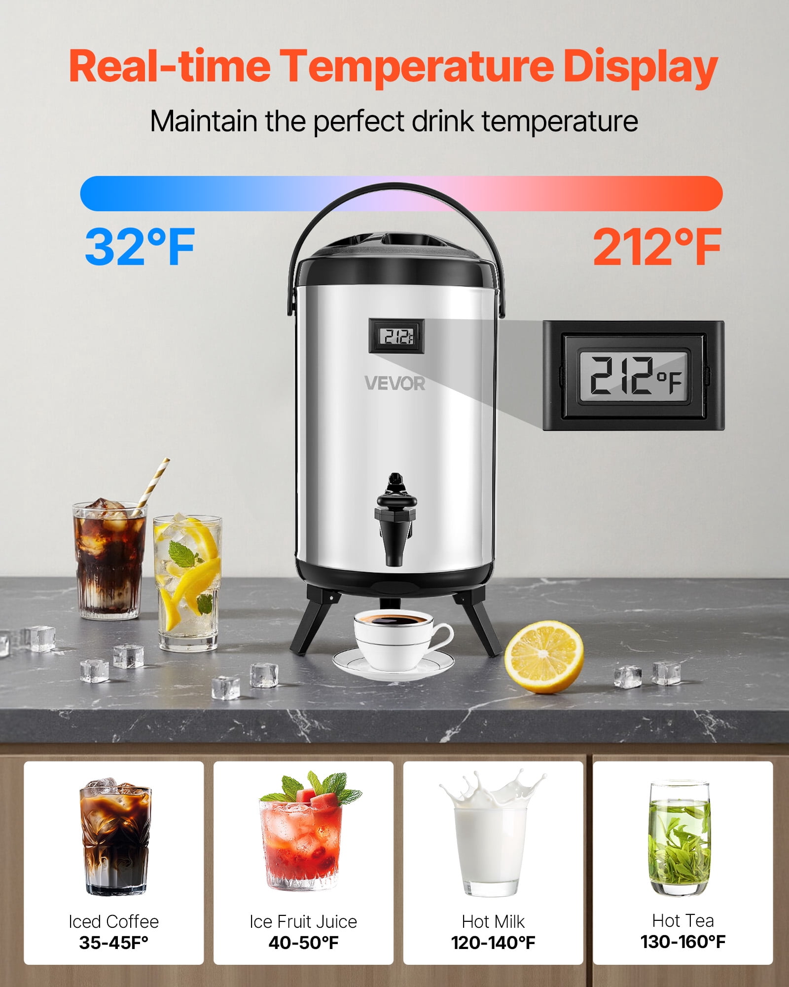 VEVOR Insulated Beverage Dispenser, 2 Gal/7.6L Stainless Steel Thermal Drink Server with Spigot & Temp Display, Suitable for Hot and Cold Drinks, for Tea Coffee Water in Cafes & Restaurants, Silver