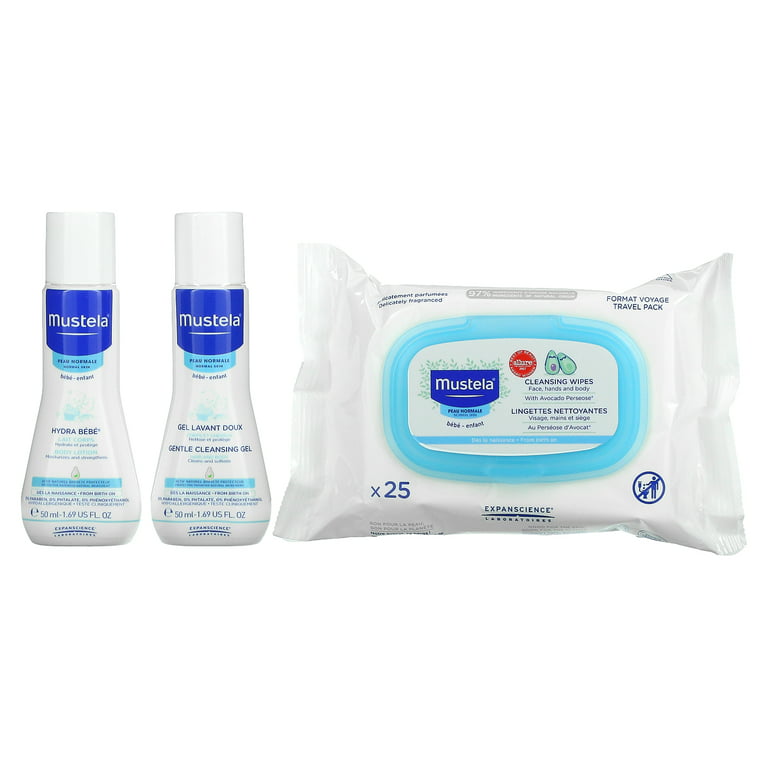 Mustela Bebe On-The-Go Travel Set - Baby Skin Care & Bath Time Gift Set -  Natural & Plant-Based - 3 Items Set - Packaging may vary