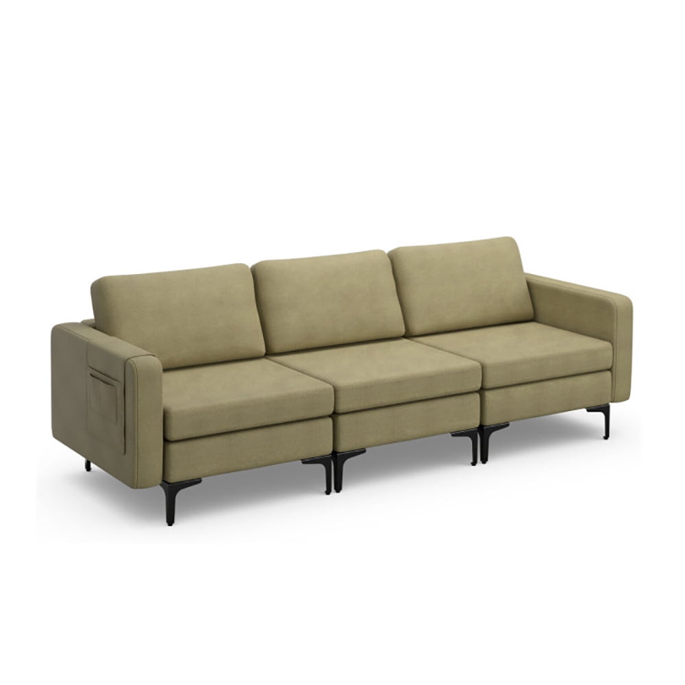 Finihen Sectional Sofa Couch, 3-Seat Sectional Sofa Couch with Armrest Magazine Pocket and Metal Leg, for Living Room, Bedroom, Green Finihen Sectional Sofa Couch, 3-Seat Sectional Sofa Couch with Armrest Magazine Pocket and Metal Leg, for Living Room, Bedroom, Green