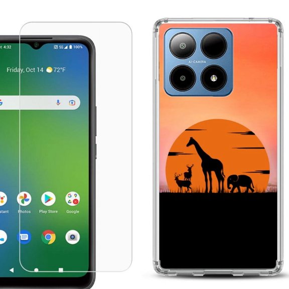 For Boost Mobile Summit 5G Shockproof Phone Case Cover with Tempered Glass Screen Protector, by OneToughShield - Sunset Safari