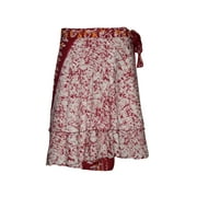 Mogul Womens Beach Wrap Skirt Red Printed Two Layer Reversible Silk Sari Short Skirts …