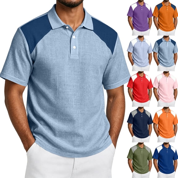 Hearthz Linen Mens Polo Shirt Moisture Wicking Raglan Men's Short Sleeve Shirts Color Block Soft Breathable Golf Polo Shirts for Men