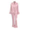 thumbnail image 5 of Christmas pajamas Christmas gift Women's Feather Trim Silk Satin Pajama Button Down Long Sleeve And Pants Set Sleepwear Loungewear, 5 of 9