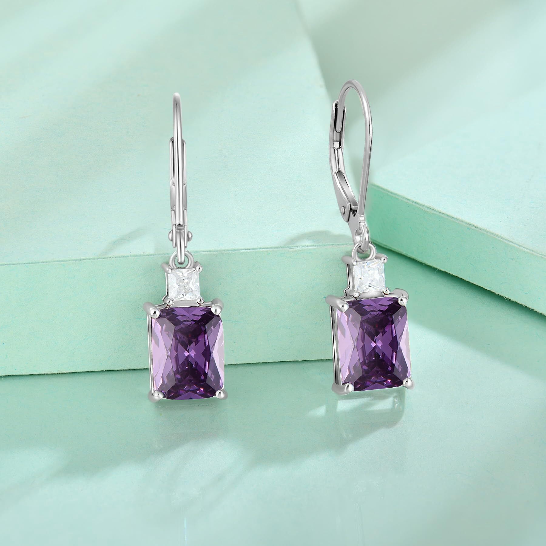 Starchenie Princess/Emerald Brilliant Cut Birthstone February Amethyst Earrings for Women Dangle Earrings Sterling Silver Leverback Earrings Birthday Anniversary Jewelry Gift