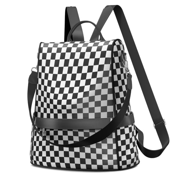 Waterproof Women's Nylon Backpack Purse - Lightweight Black Checkered Casual Shoulder Bag Anti-Theft Daypack, Convertible Fashion Crossbody Bag for Daily Use, Travel, Work & School,