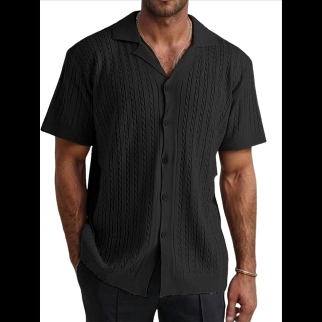 Camisa de Punto para Hombre, de Corta, , con Botones, para Vacaciones en la Playa, Informal, A Rayas, para Verano. Negro XXL
