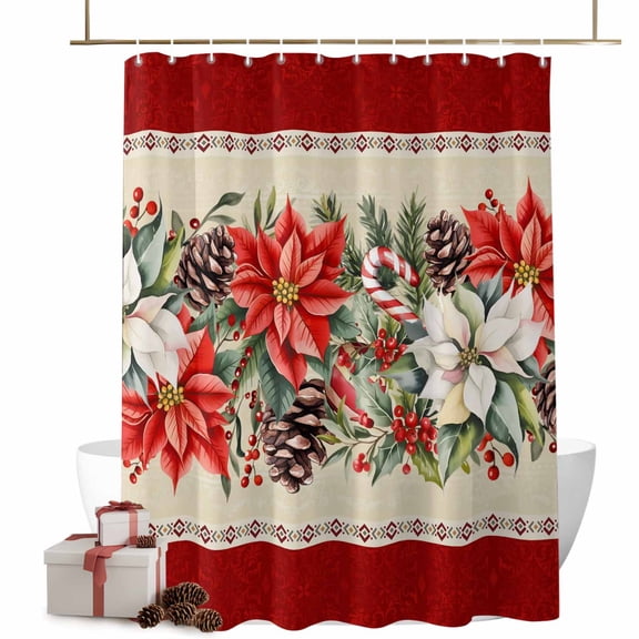 Red White Flowers Bathroom Shower Curtain Pine Cone Winter Snowflakes Christmas Retro Lace Waterproof Washable Shower Curtains for Bathtub Bath Decor with Grommets and Hook 72 X 84 Inch