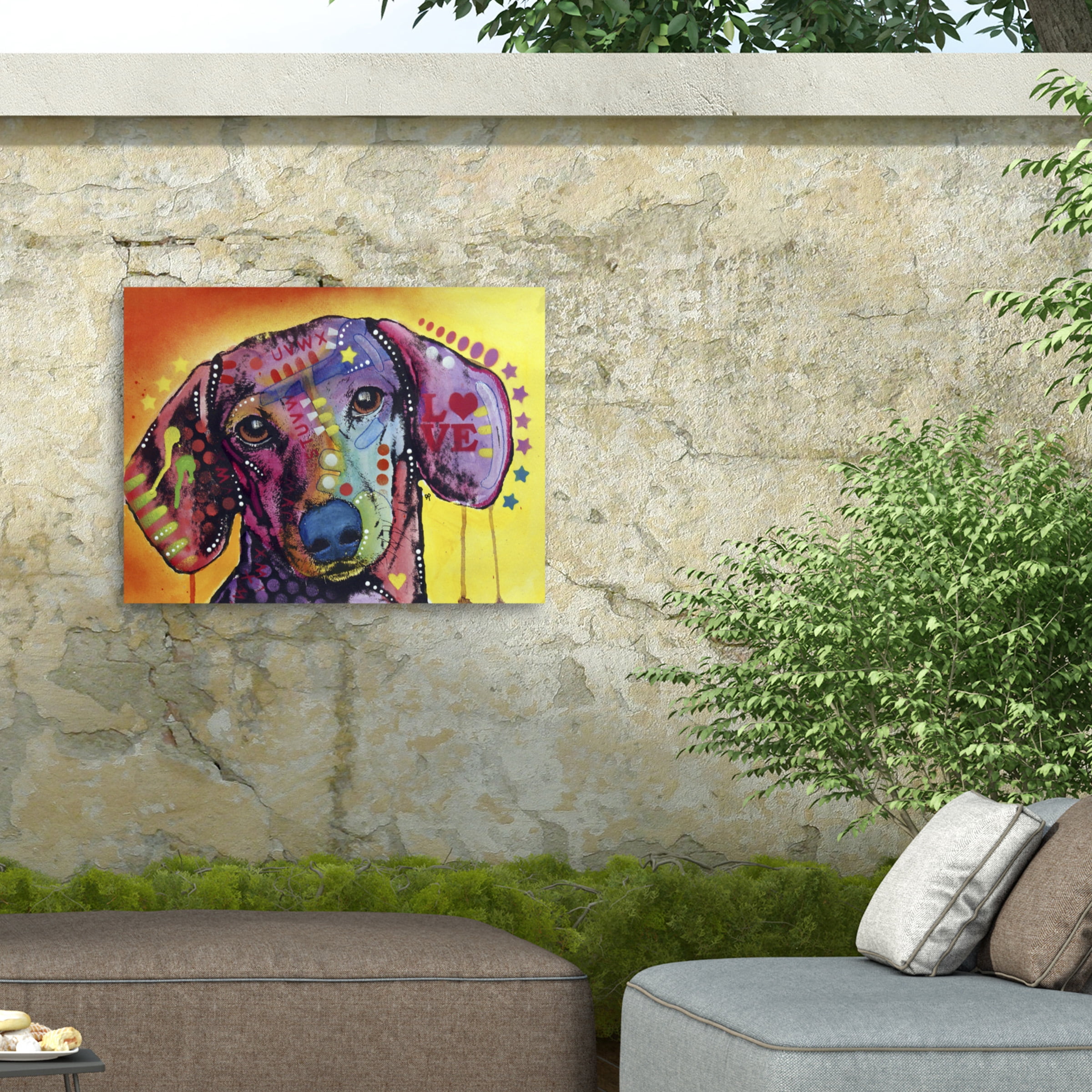 Dean Russo 'Tilt Dachshund Love' Outdoor Canvas 35x47