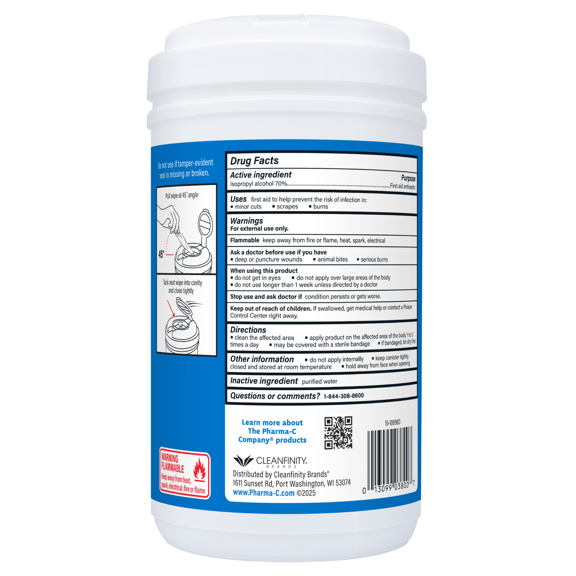 Pharma-C 70% Isopropyl Alcohol Wipes, First Aid Antiseptic, 175 Count
