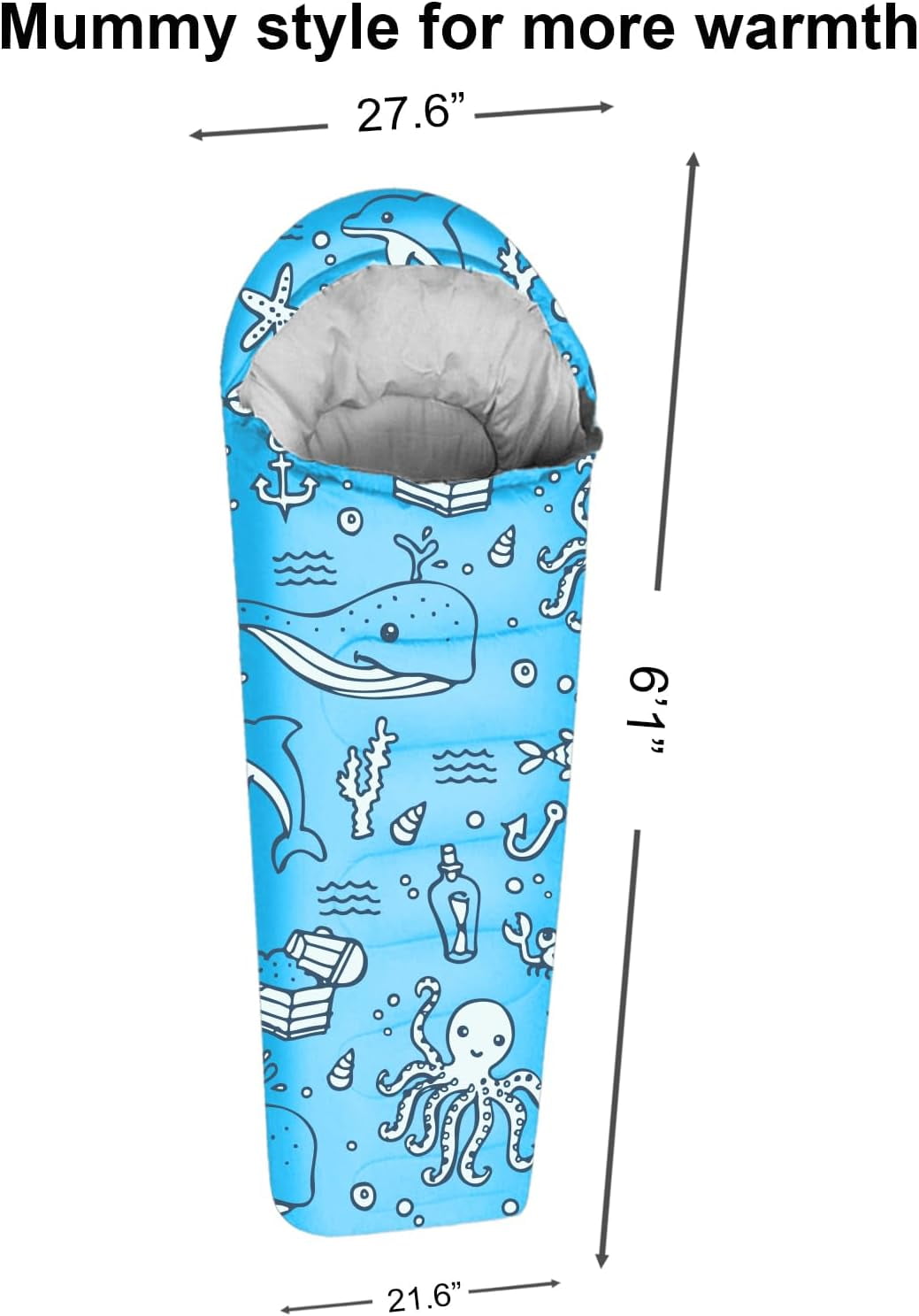 KidzAdventure 32-59F Youth and Kids Sleeping Bag | Indoor/Outdoor Boys and Girls Sleeping Bag | Mummy Style, Lightweight Sleeping Bag for Kids - Ocean World Youth