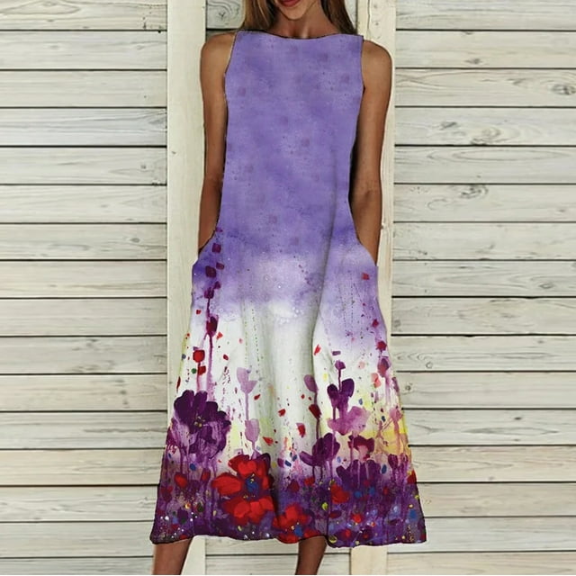 Lenago Robe de Bal Grande Taille Femme Été Imprimée Robe de Plage Vacances Col Rond Grande Ampleur Poche Robe Maxi Robes d'Été de Plage en Liquidation