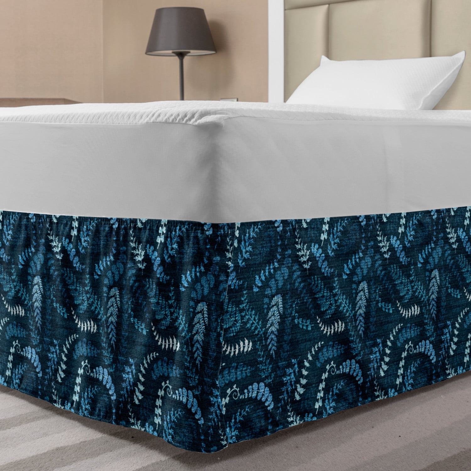 Indigo Bed Skirt, Dark Green Backdrop Floral Swirl Leaves Branches