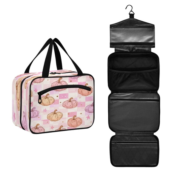 Travel Toiletry Bag with Metal Hook Large Capacity Cosmetic Bag Toiletry Bags for Travel, Gym, Camping Pink and Peach-colored Pumpkins