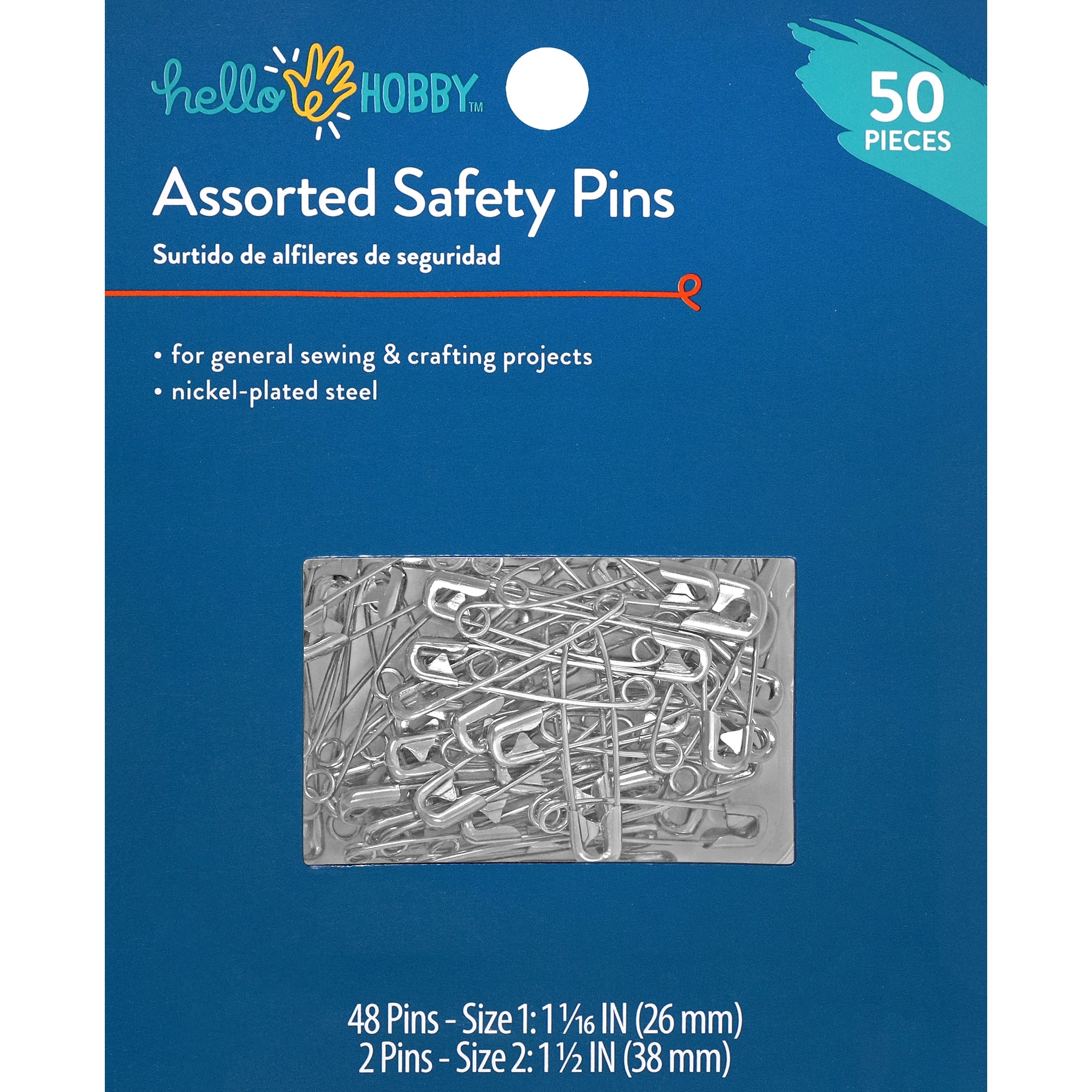 Hello Hobby Assorted Safety Pins, Sizes 1 and 2, 50 Count