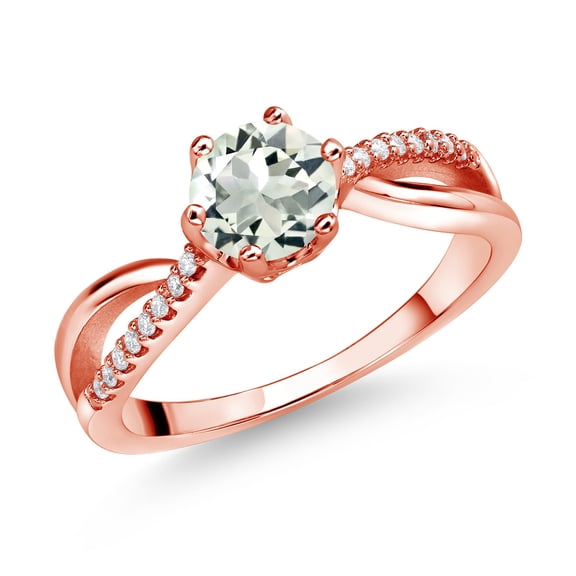 Gem Stone King 18K Rose Gold Plated Silver Ring Round Prasiolite and Moissanite (0.88 Cttw) (Size 8)