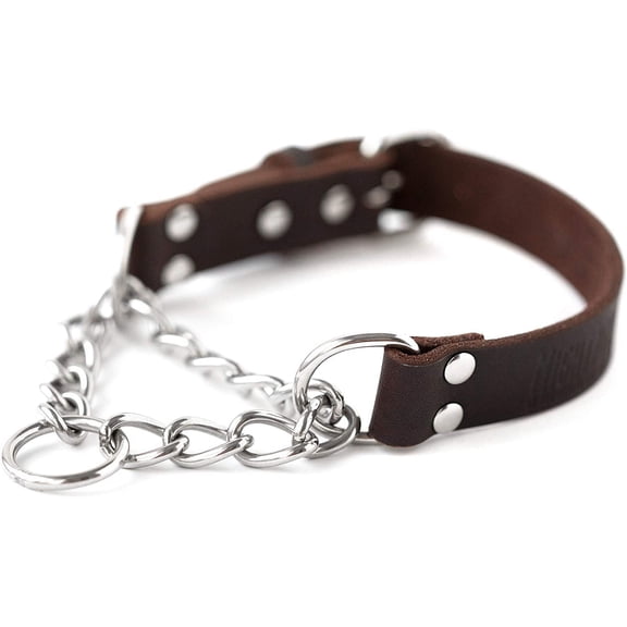 Mighty Paw Leather Dog Training Collar, Martingale Dog Collar with Stainless Steel Chain, Medium