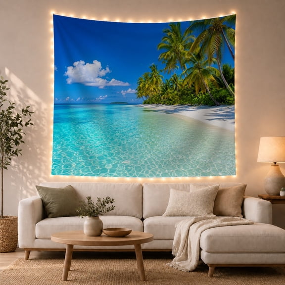 Tropical Beach Photorealistic with Right Side Frame Tall, Mystical Fantasy for Space Lovers, Galaxy Room Decor, Housewarming Gift, Tapestry Wall Hanging for Bedroom and Dorm