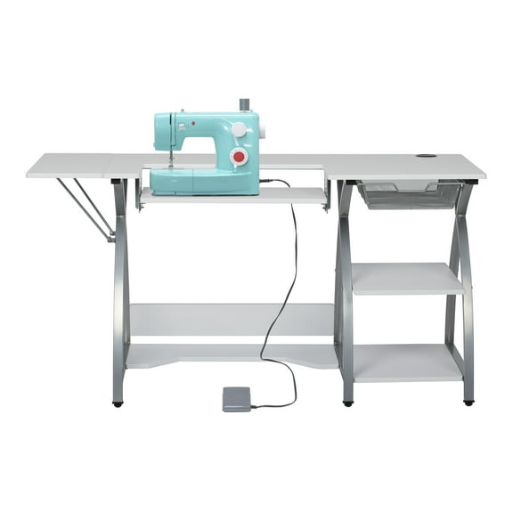 Sew Ready Comet Plus Hobby/Office/Sewing Desk with Fold-Down Top, Height Adjustable Platform, Bottom Storage Shelf and Metal Drawer
