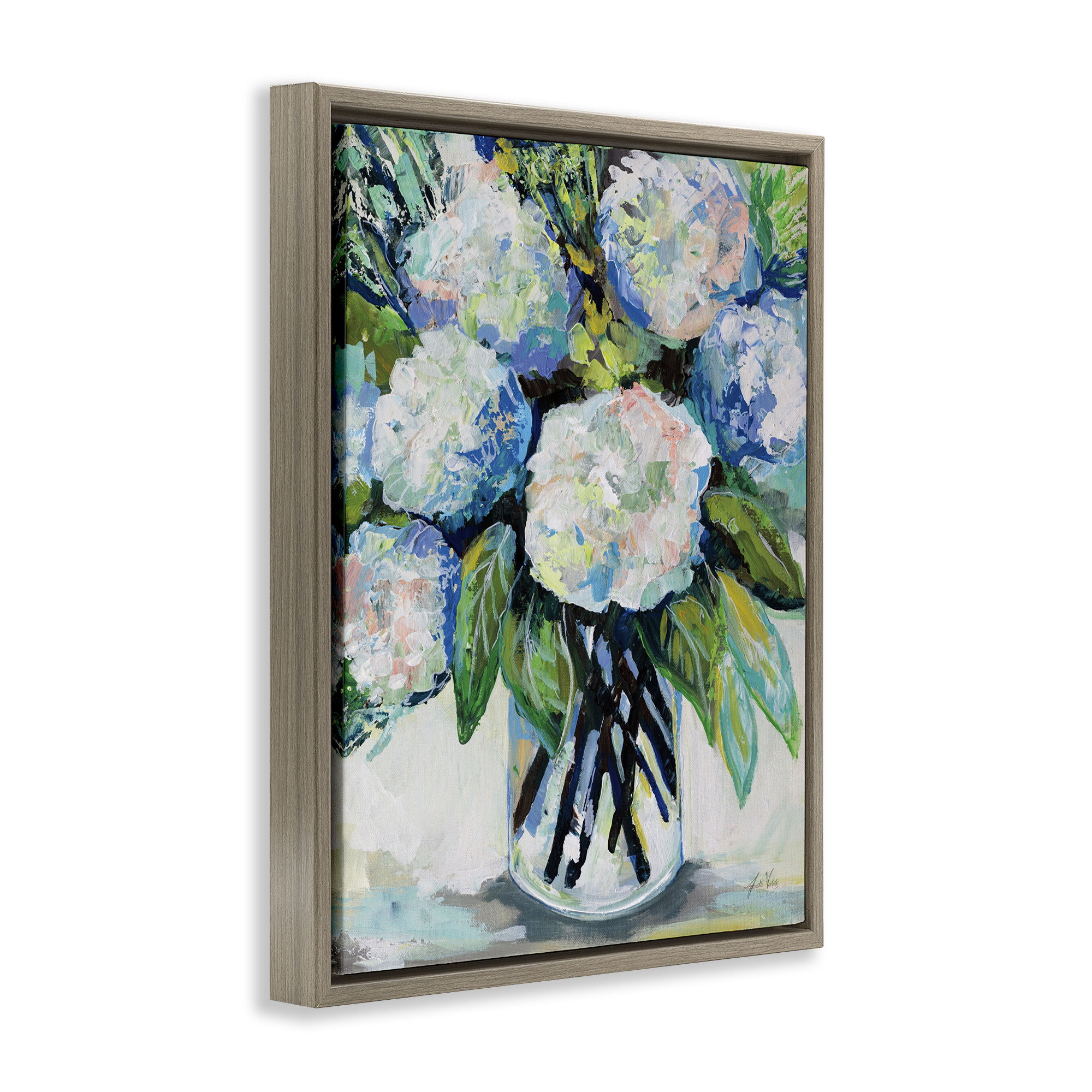 Stupell Industries Abundant White Hydrangeas Botanical & Floral Painting Brown Floater Framed Art Print Wall Art, 25 x 31