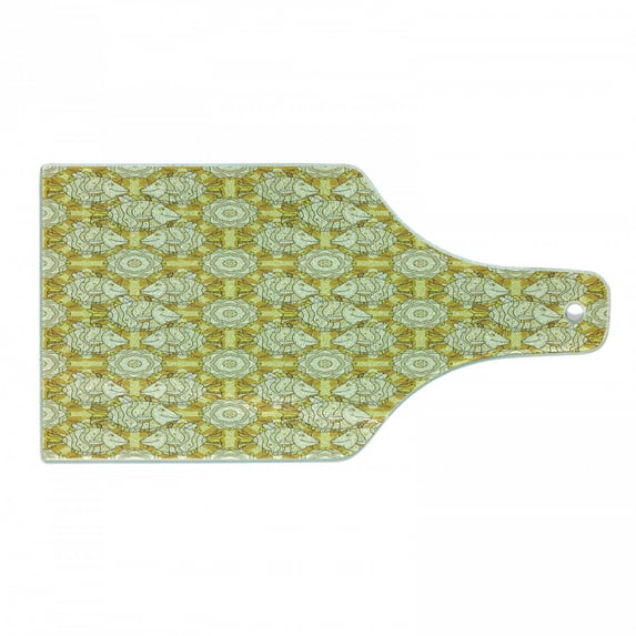 Yellow and White Cutting Board, Aquarium Fishes with Stripes on Floral Composition Background, Tempered Glass Cutting and Serving Board, Wine Bottle Shape, Marigold Beige Yellow, by Ambesonne