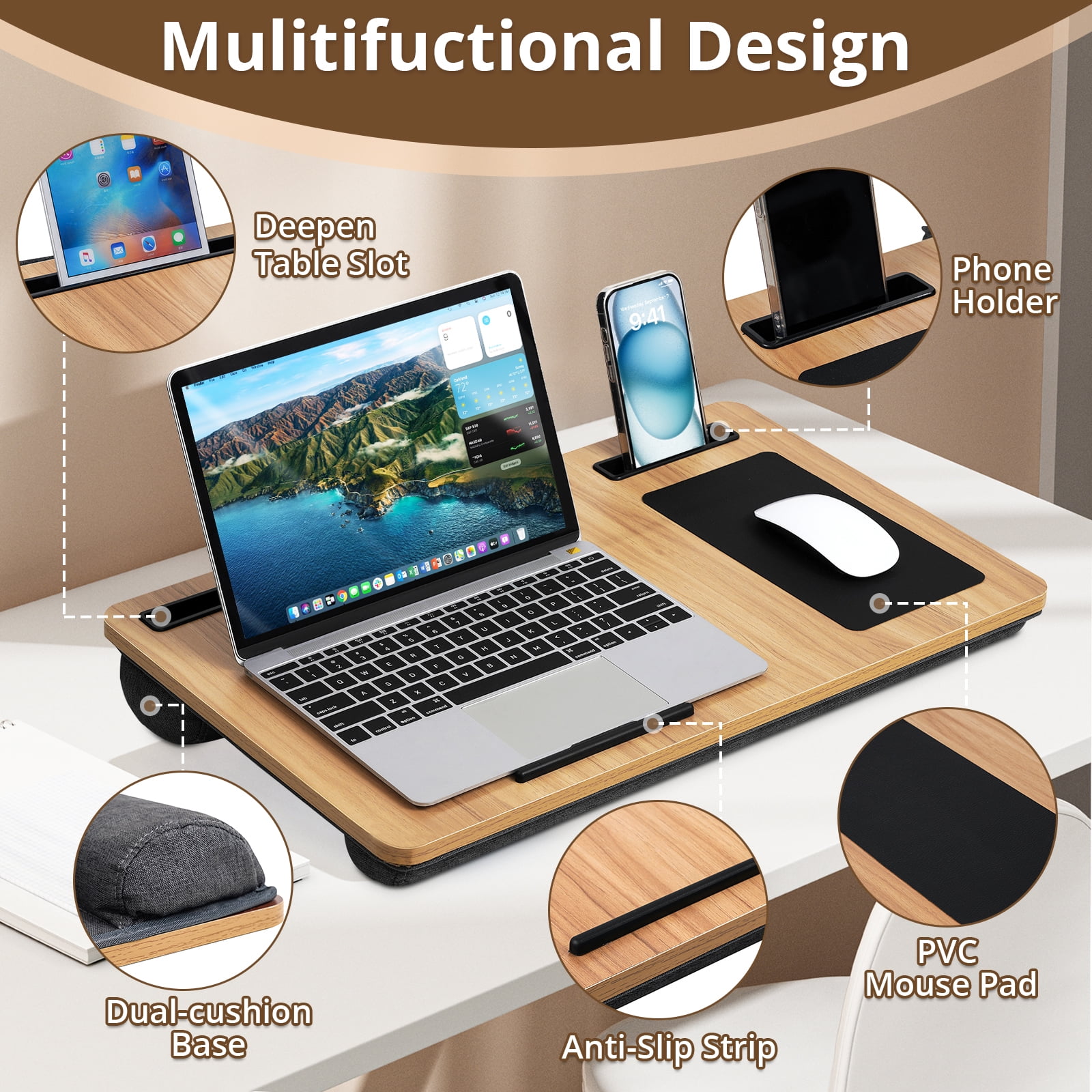 Lap Desk with Cushion, HONEIER Laptop Desk Fits up to 20 inch Laptop with Anti-Slip Strip, Mouse Pad Tablet & Phone Holder, Portable Laptop Tray with Handle, Lap Stand for Bed Home Office Students