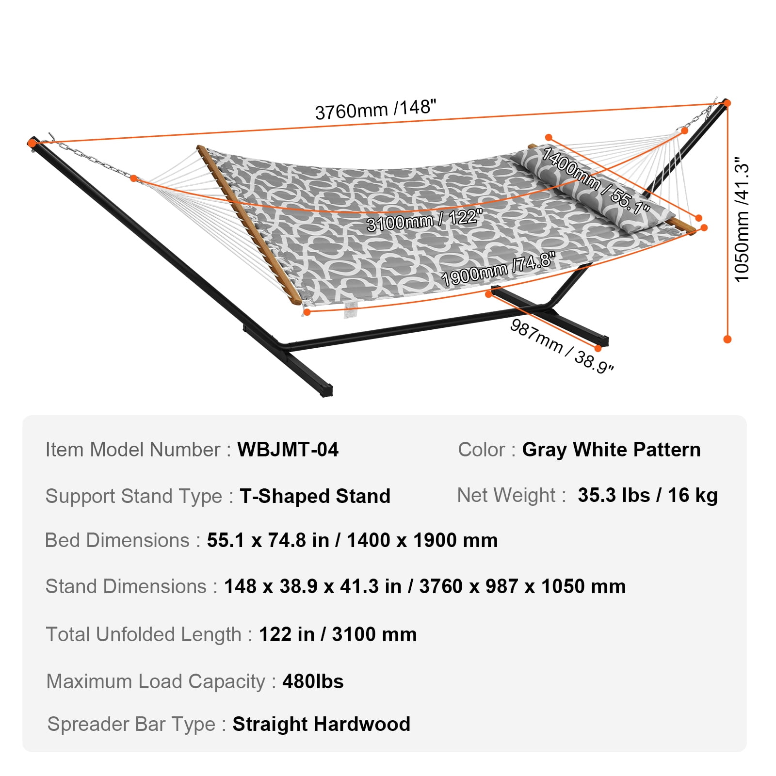 KFFKFF 480 lb Capacity Double Quilted Fabric Hammock Two-Person Hammock with Stand