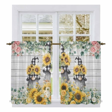 Sunflower Gnomes Kitchen Curtains 45 Inch Length Spring Eucalyptus Floral Gray Wooden Tiers Curtains for Bathroom Bedroom Cafe Light Filtering Small Window Treatment Short Drapes 2 Panels 42 Wx45 L