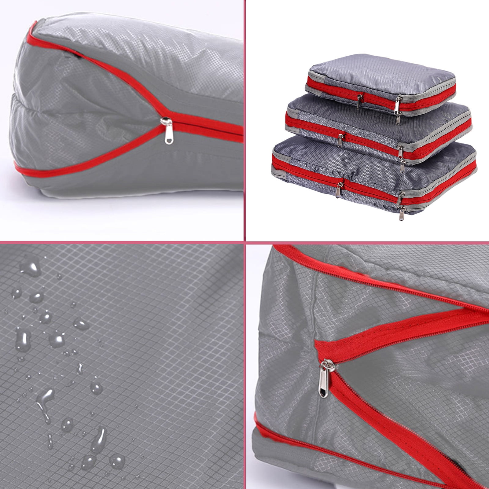 Travel Luggage Packing Cubes Set of 3, Expandable Suitcase Organizers for Clothes Storage, Travel Essentials, Oxford Cloth, 15.75x11.81in, Gray/Red