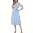 thumbnail image 2 of INSPIRE CHIC Robe d'Été pour Femme Col en V Boutonnée Manches Volantées Smockée Taille Haute Robe Midi m Bleu, 2 of 5
