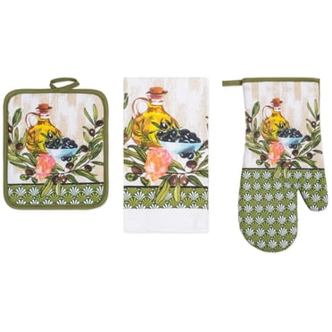 PREMIUS 3 Piece Printed Kitchen Linen Set, Olive Oil & Branch, 1 Cotton Towel, 1 Pot Holder, 1 Oven Mitt