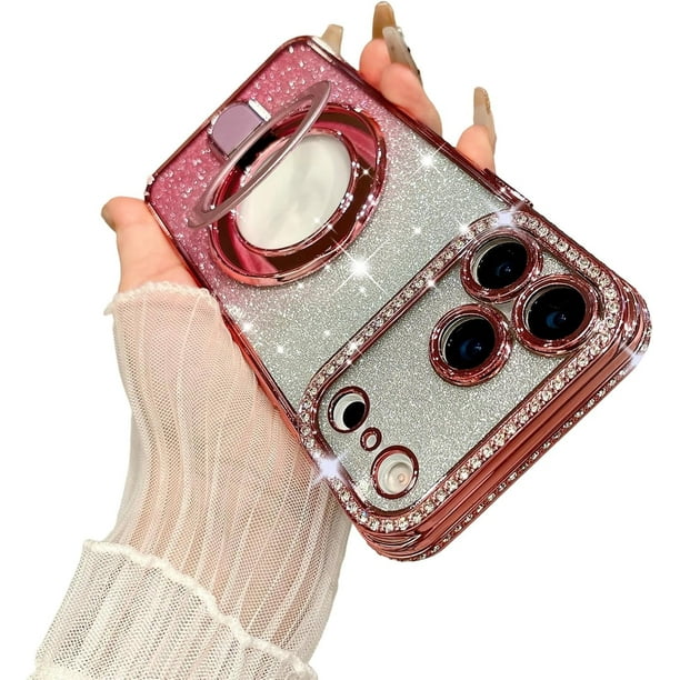Estuche magnético con purpurina para iPhone 17 Pro Max, con MagSafe, con brillantes y soporte, de lujo, para cámara y a prueba de golpes