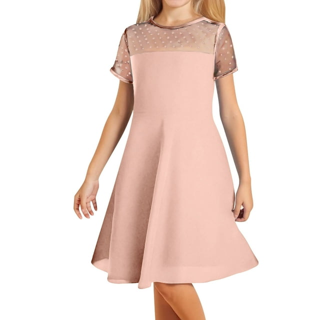 Zpanxa Chemises d'Été pour Filles Robe en Maille à Manches Courtes Enfants Taille Haute Ligne A Robe Décontractée pour Filles avec Polyester Spandex 13 Ans