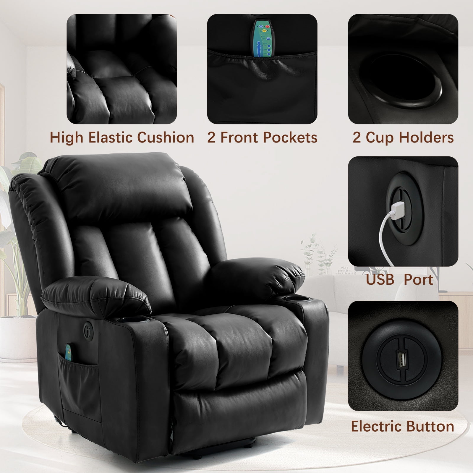 INGALIK Large Power Lift Recliner Chair with Heating and Massage, Breathable Leather Electric Lift Assist Recliner for Living Room with USB Charge, Cup Holders (Black)