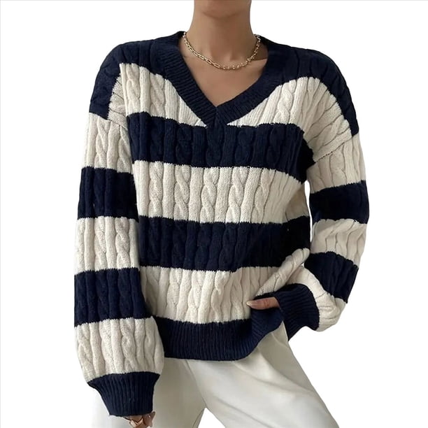 Suéter Corto de Pescador con Cuello en V y Larga para Mujer, Jersey de Punto Azul y M