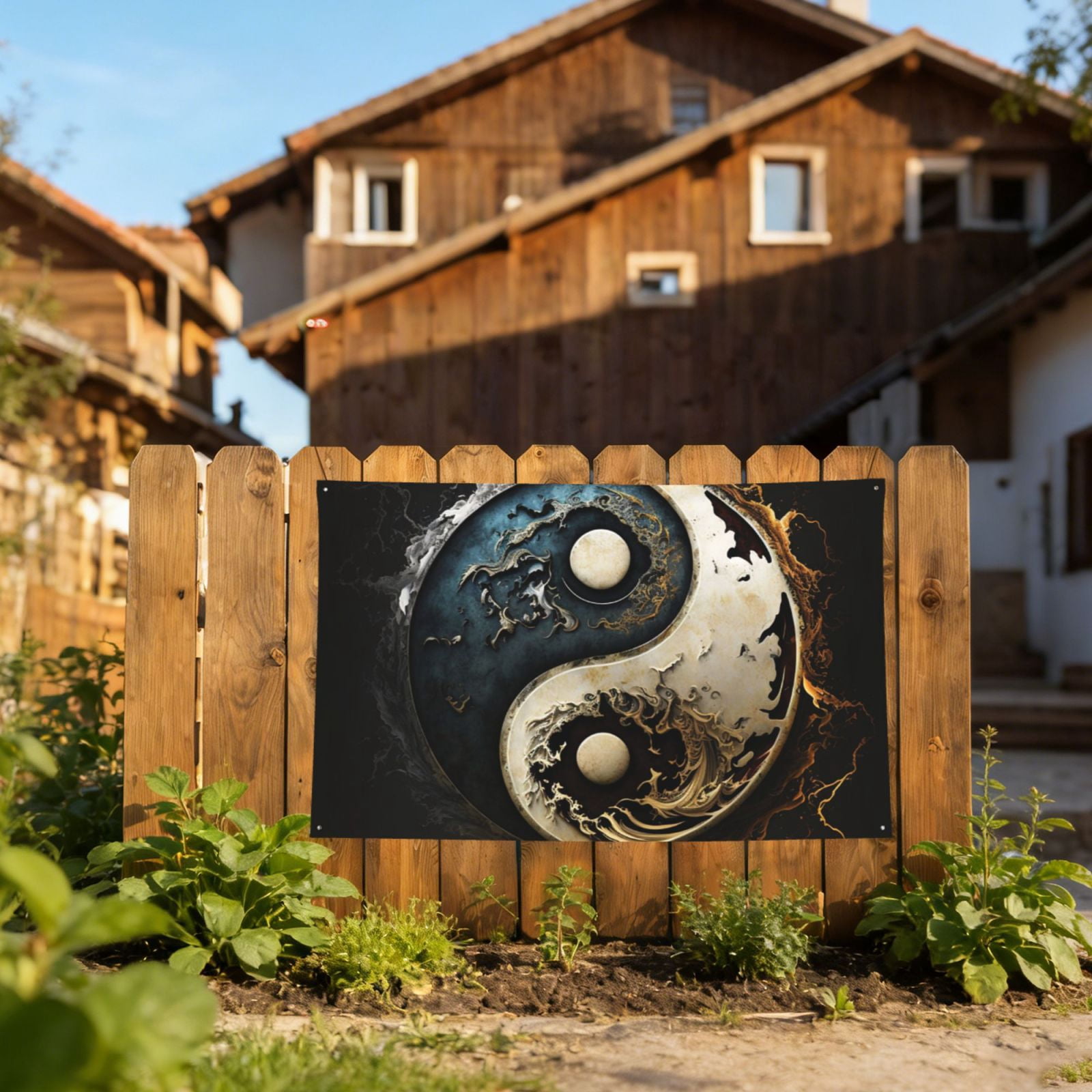 Round Cool Art Oriental Symbol Four Hole Decorated Banner Flag for Garden Yard Home Decoration Indoor Outdoor 4x6 Ft