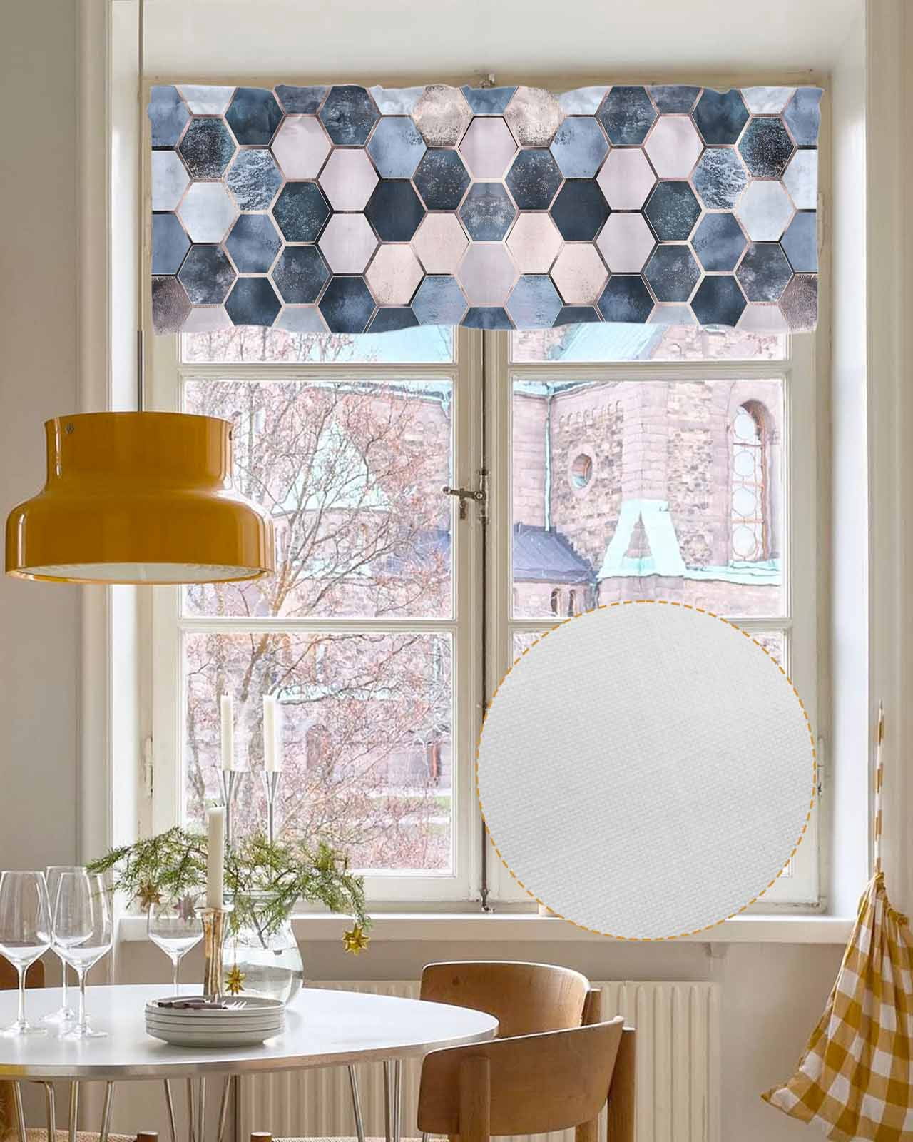 Navy Blue Grey Kitchen Valances for Windows Farmhouse Linen Window Valance Curtain for Living Room Window Treatment Modern Abstract Art Geometric Valance Rod Pocket Topper Drape, 54 x 18 Inch