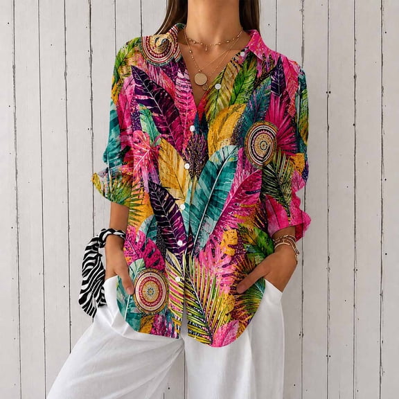 Nyfairy Plus Size Women's Floral Embossed Print Long Sleeve Button Down Casual Shirt