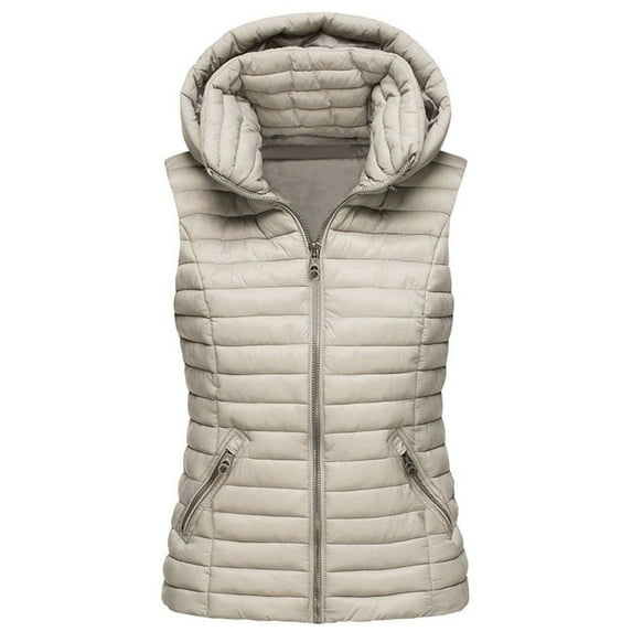 Niuer Ladies Open Front Hooded Coat Women Lightweight Puffer Vest With Pockets Holiday Cardigan Casual Outwear Khaki L