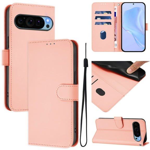 Wallet Case Compatible with Google Pixel 9 Pro XL with Card Slot/Holder,PU Leather Flip Folio Shell [Magnetic Closure][Wrist Strap][Kickstand] Phone Cover Shockproof For Google Pixel 9 Pro XL,Pink