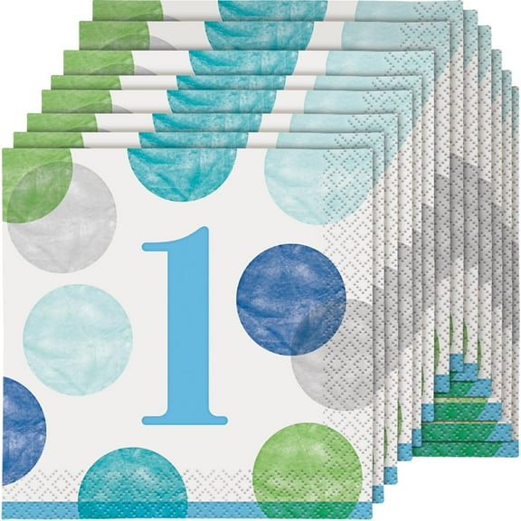 Blue Dots 1st Birthday Beverage Napkins, 16ct