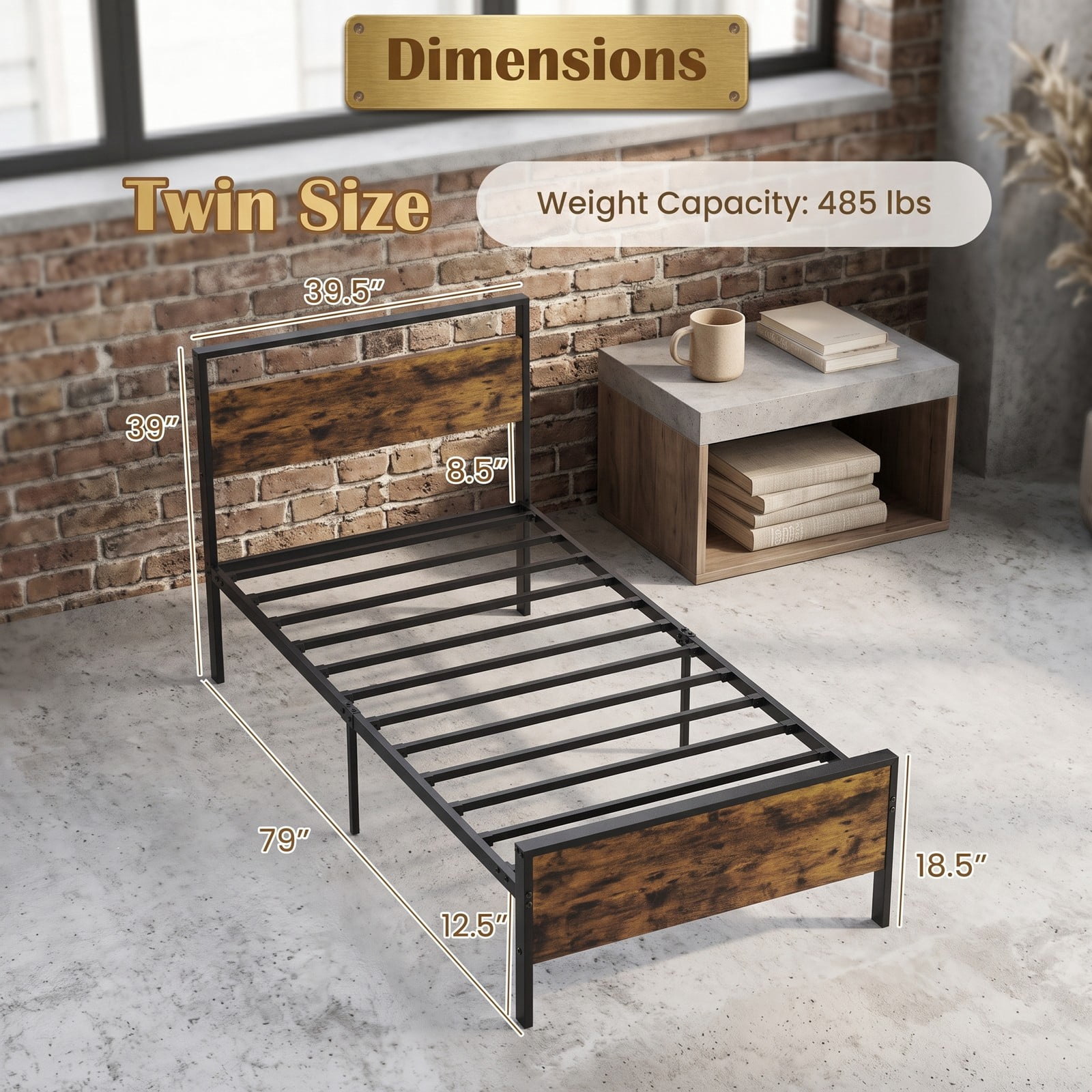 Furnibear Twin Metal Bed Frame Industrial Platform Bed with Wooden Headboard and Under Bed Storage Space for the Bedroom, Rustic Brown