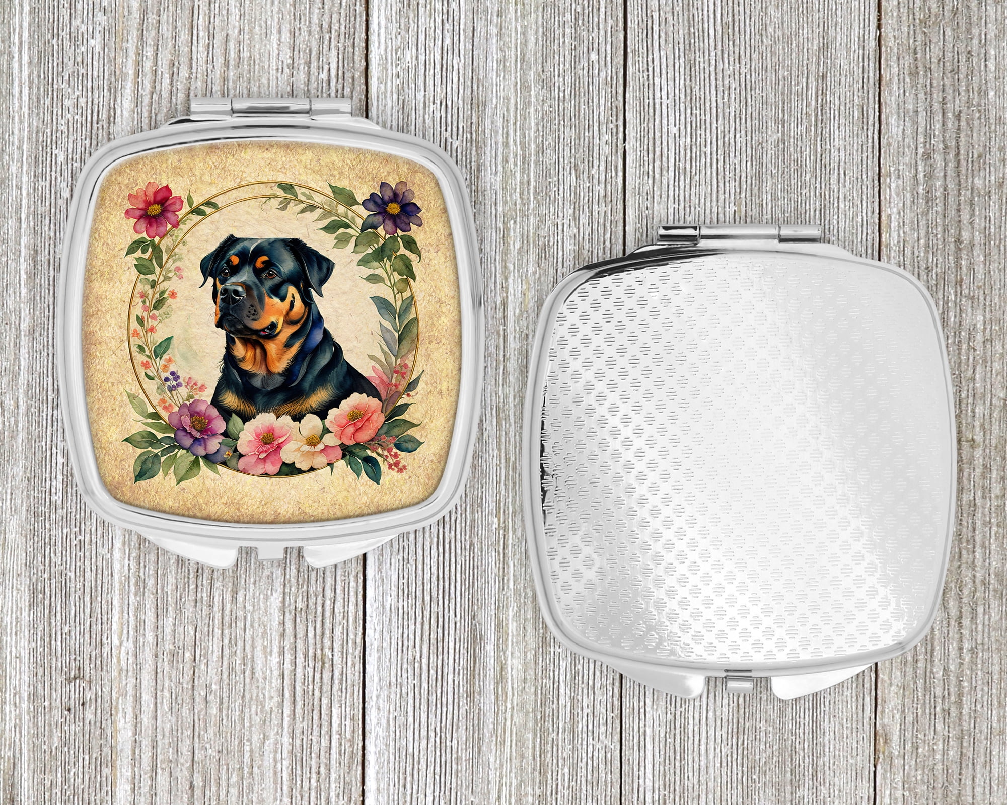 Rottweiler and Flowers Compact Mirror 2.75 in x 3 in