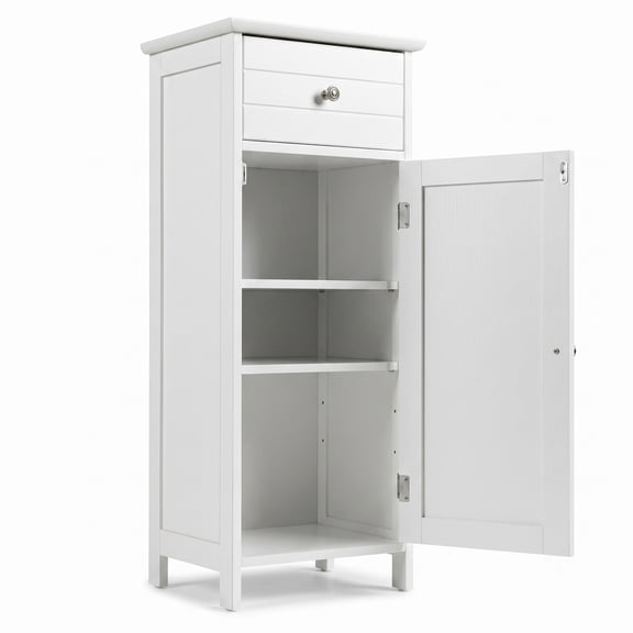 ALPULON Wooden Bathroom Floor Storage Cabinet with Drawer and Adjustable Shelf, Freestanding MDF Side Organizer for Bathroom Entryway Living Room, White