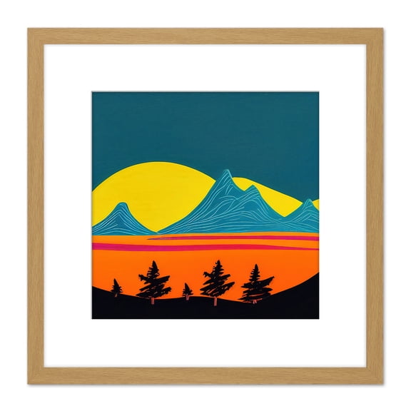 Abstract Alps Mountain Range Blue Orange Yellow Painting Square Wooden Framed Wall Art Print Picture 8X8 Inch