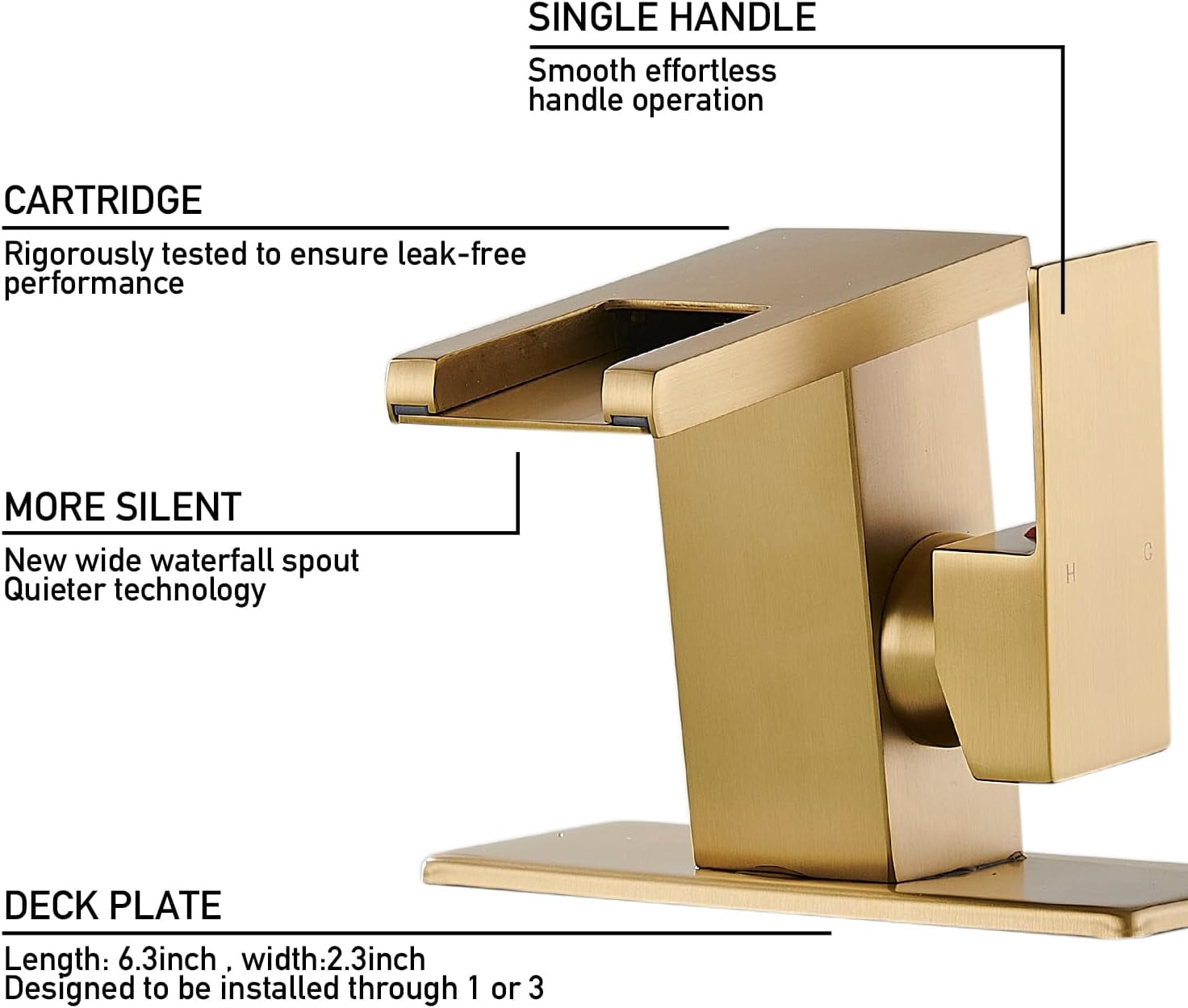 LED Bathroom Sink Faucet, Brushed Gold Waterfall Single Hole Handle Vanity Faucets for Sinks 1 Hole with Metal Pop Up Drain and 2 Water Supply Lines, Side Handle