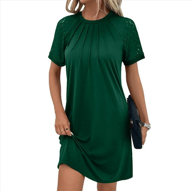 Vestido Camisero de Verano para Mujer, de Corta con Encaje, Informal, Cuello Redondo, Plisado, Verde, Talla L