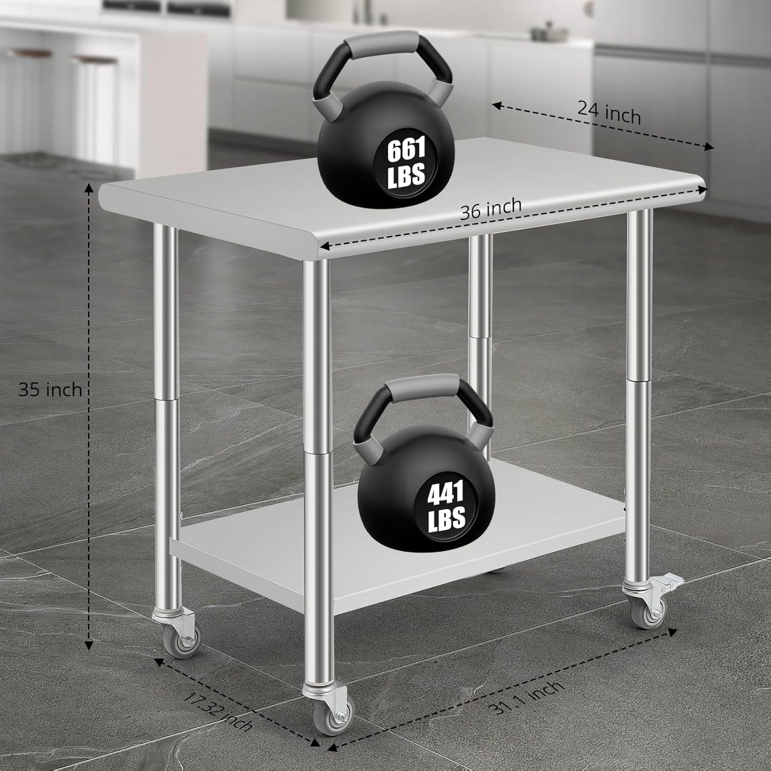 Stainless Steel Work Table Commercial.  Metal Utility Table w/ Adjustable Heights. for Home Garage Restaurant