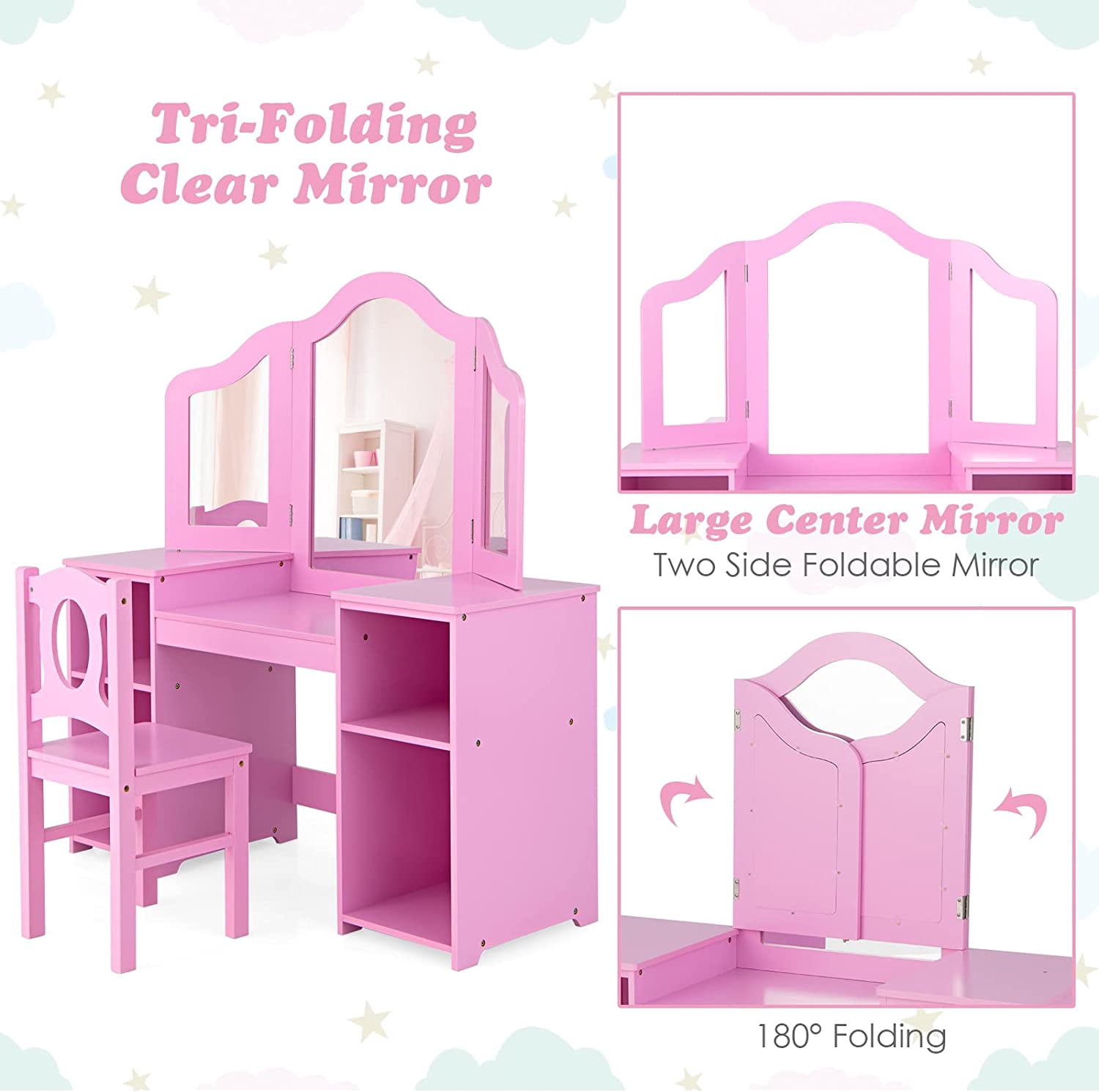 OLAKIDS Kids Vanity, 2 in 1 Princess Makeup Desk & Chair Set with Tri-Folding Detachable Mirror, Large Storage Shelves, Wooden Dressing Table, Pretend Play Vanity Set for Girls