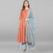 Janasya Indian Round Neck 3/4 Sleeve Ikkat Peach Poly Silk Kurta With Palazzo and Dupatta For Women